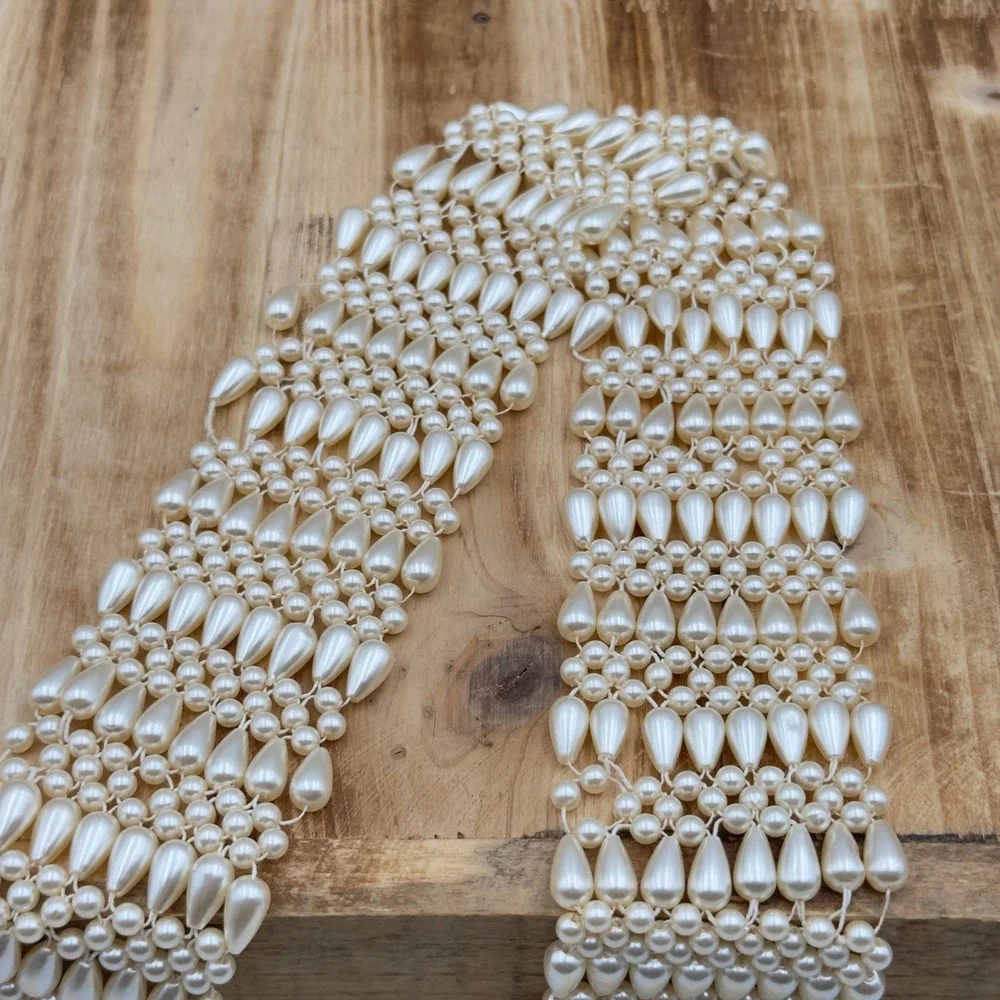 Vintage Faux Pearl Belt Cream Woven Elastic Gold Clasp 31 Inch Waist Statement